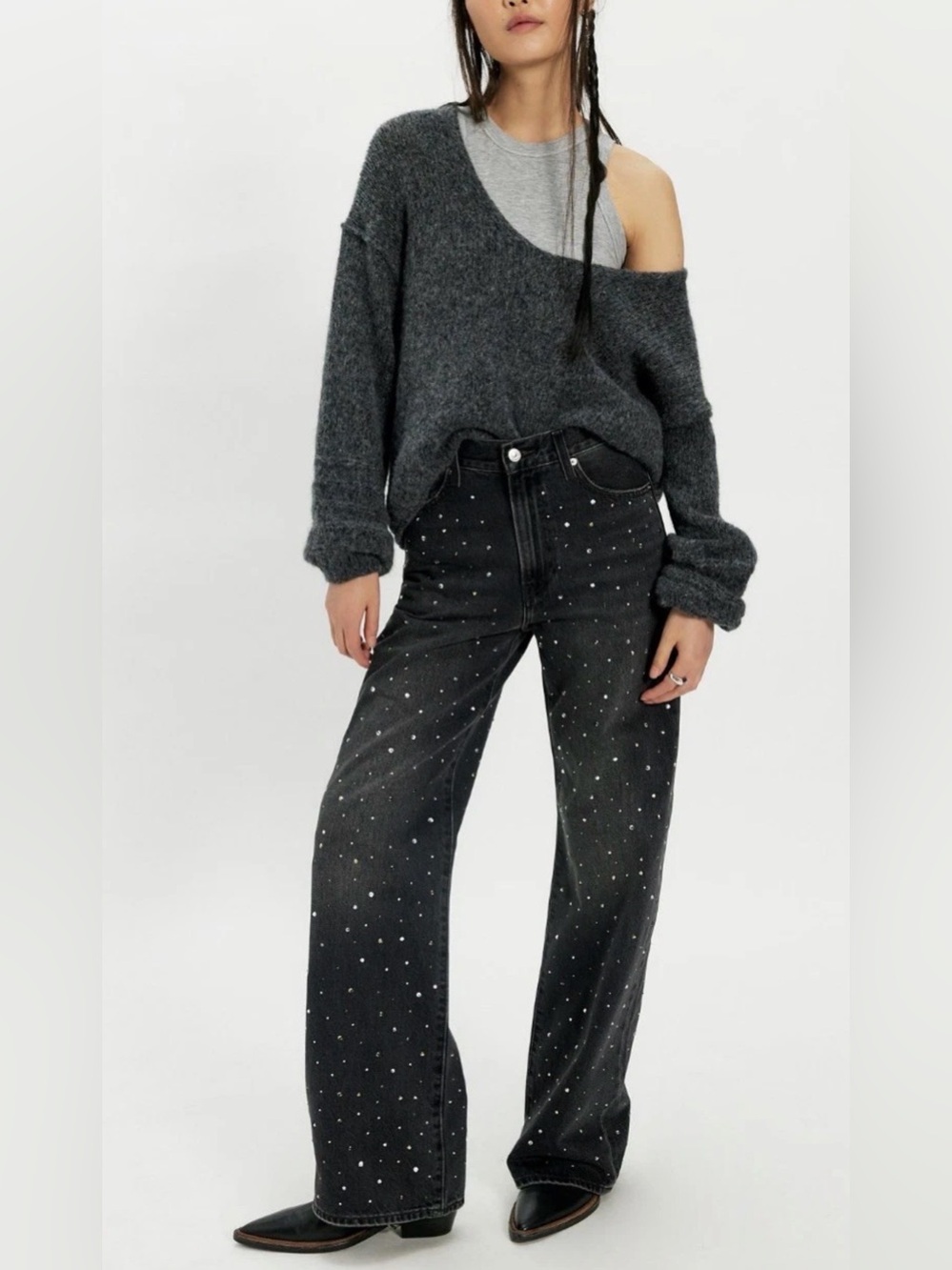 Levi's Ribcage Wide-Leg Embellished Jeans Dazzle Me Smoke NWT 25x30